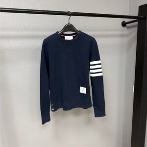 🚩steal authentic Thom Browne Dark Blue Crewneck Sweater with White Arm Stripes